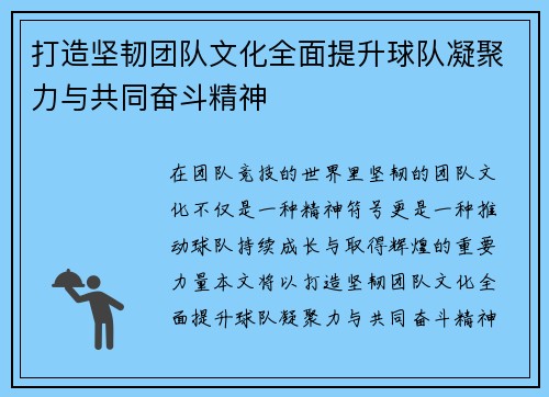 打造坚韧团队文化全面提升球队凝聚力与共同奋斗精神