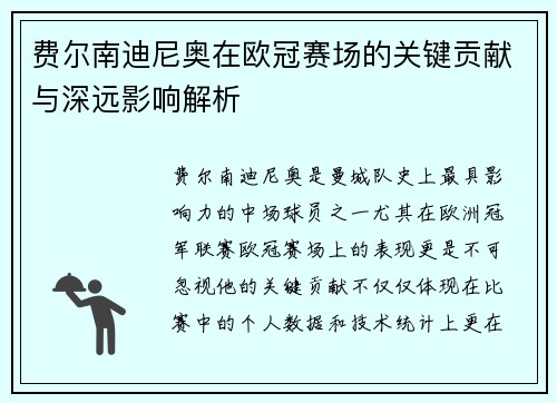 费尔南迪尼奥在欧冠赛场的关键贡献与深远影响解析