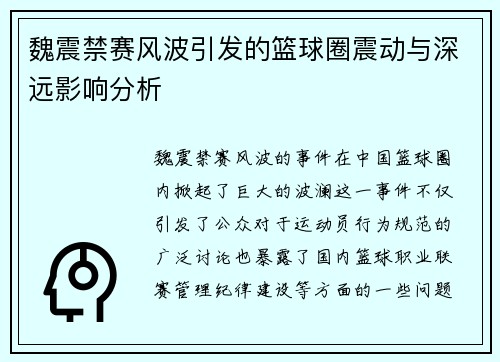 魏震禁赛风波引发的篮球圈震动与深远影响分析